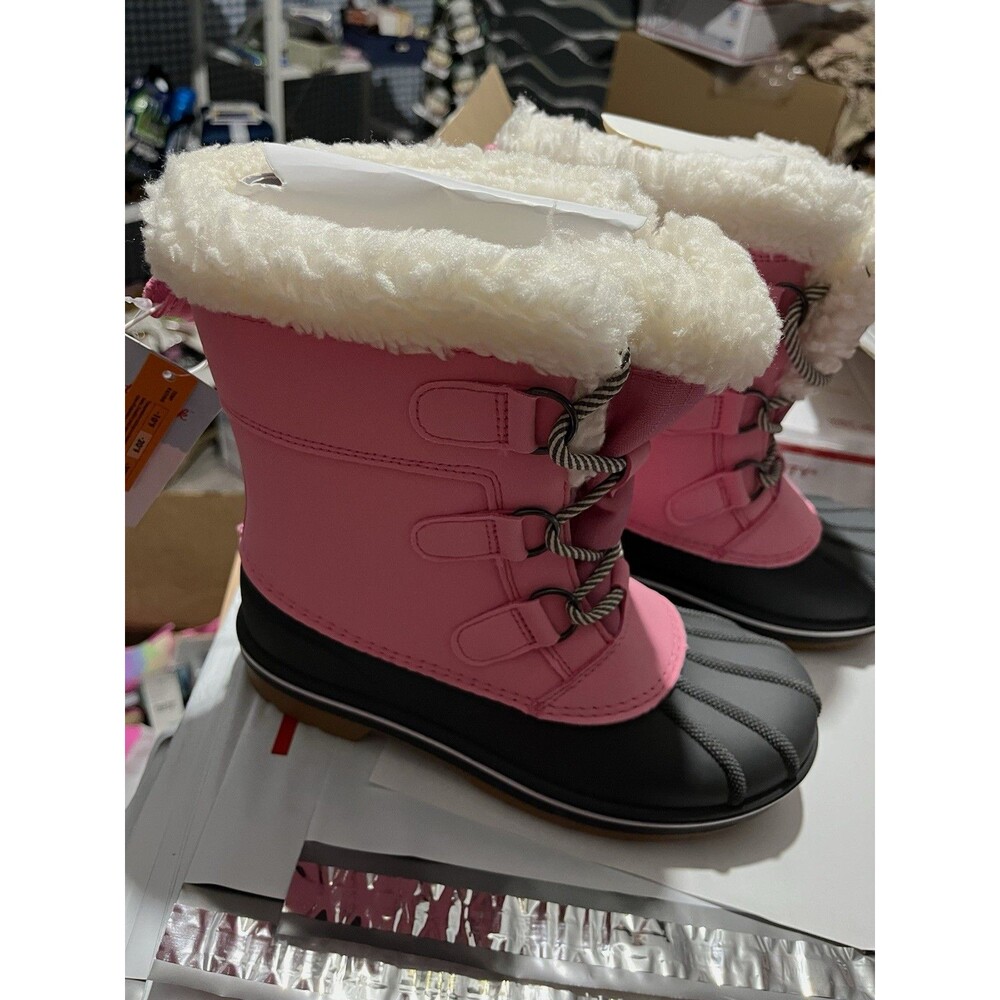 Cat & Jack Girls Snow Boots Pink/Black Faux Fur Lined Lace-Up 2 Junior